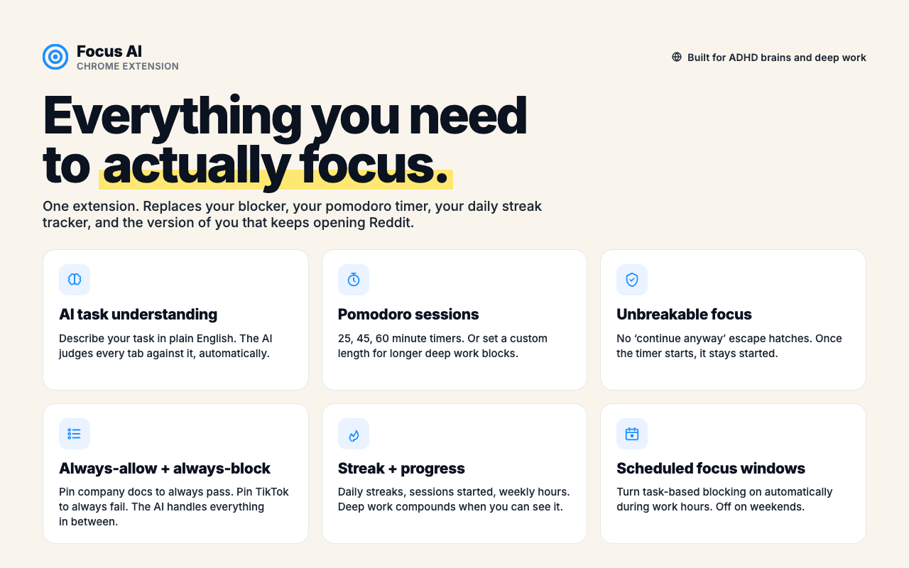 Focus AI | AI Website Blocker, Pomodoro Timer, ADHD, Distraction Blocker - 截图 1