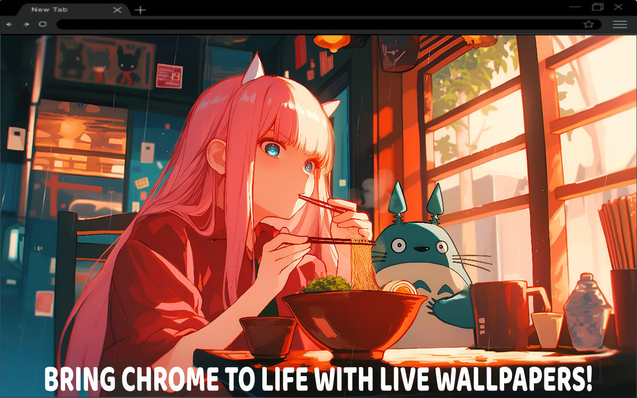 Zero Two Enjoying Ramen with Totoro Live Wallpaper - 截图 1