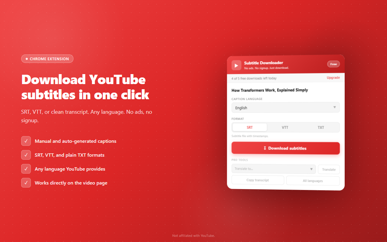 YouTube 字幕下载器 - SRT、VTT、TXT - 截图 4
