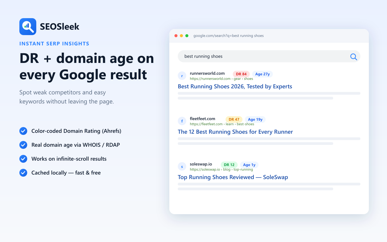 SEOSleek – SERP, DR & Domain Age Checker & On-Page SEO Analyzer - 截图 1