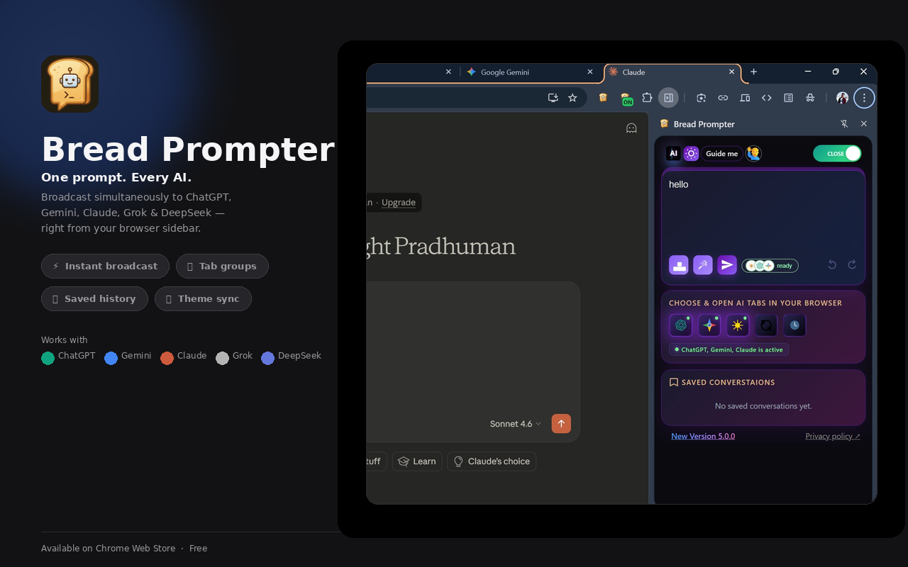 Bread Prompter - Multi AI Prompt Sender Sidebar for ChatGPT, Gemini, Claude - 截图 1