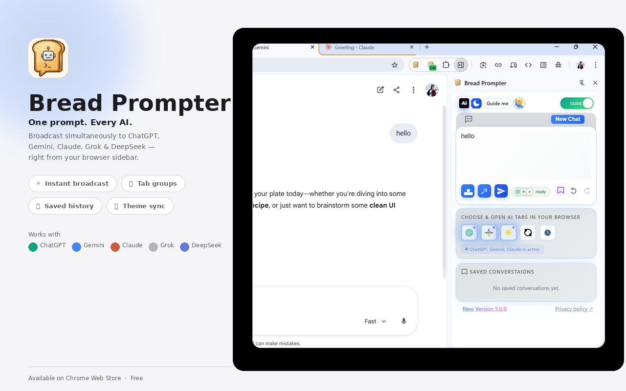 Bread Prompter - Multi AI Prompt Sender Sidebar for ChatGPT, Gemini, Claude - 截图 3