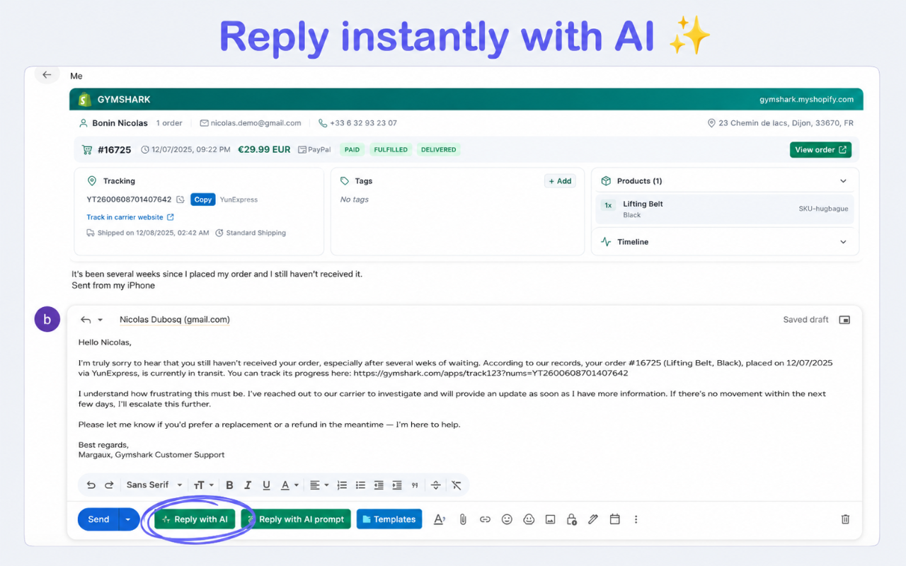 Connect Shopify Orders, AI Replies & Customer Support in Gmail - by Onially - 截图 5