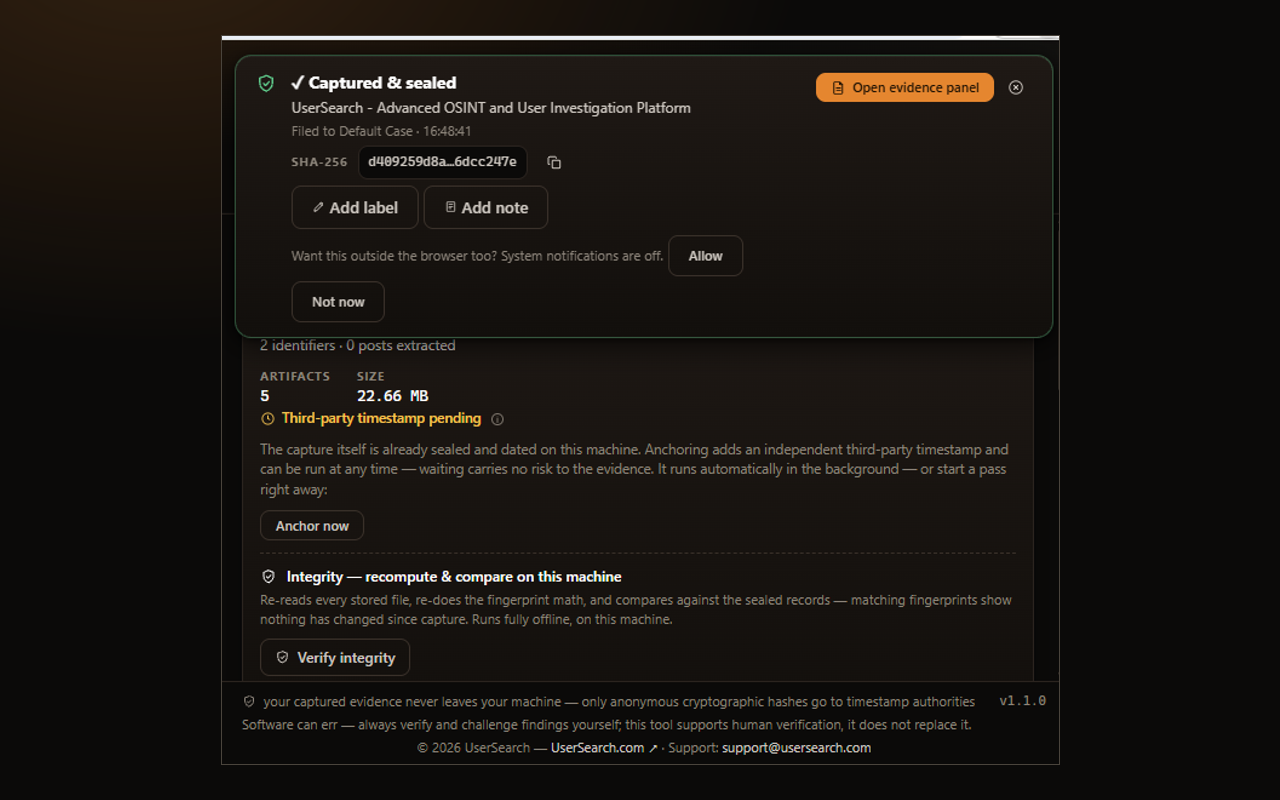 Forensic Web Capture: Court-Grade Evidence for OSINT | UserSearch - 截图 5