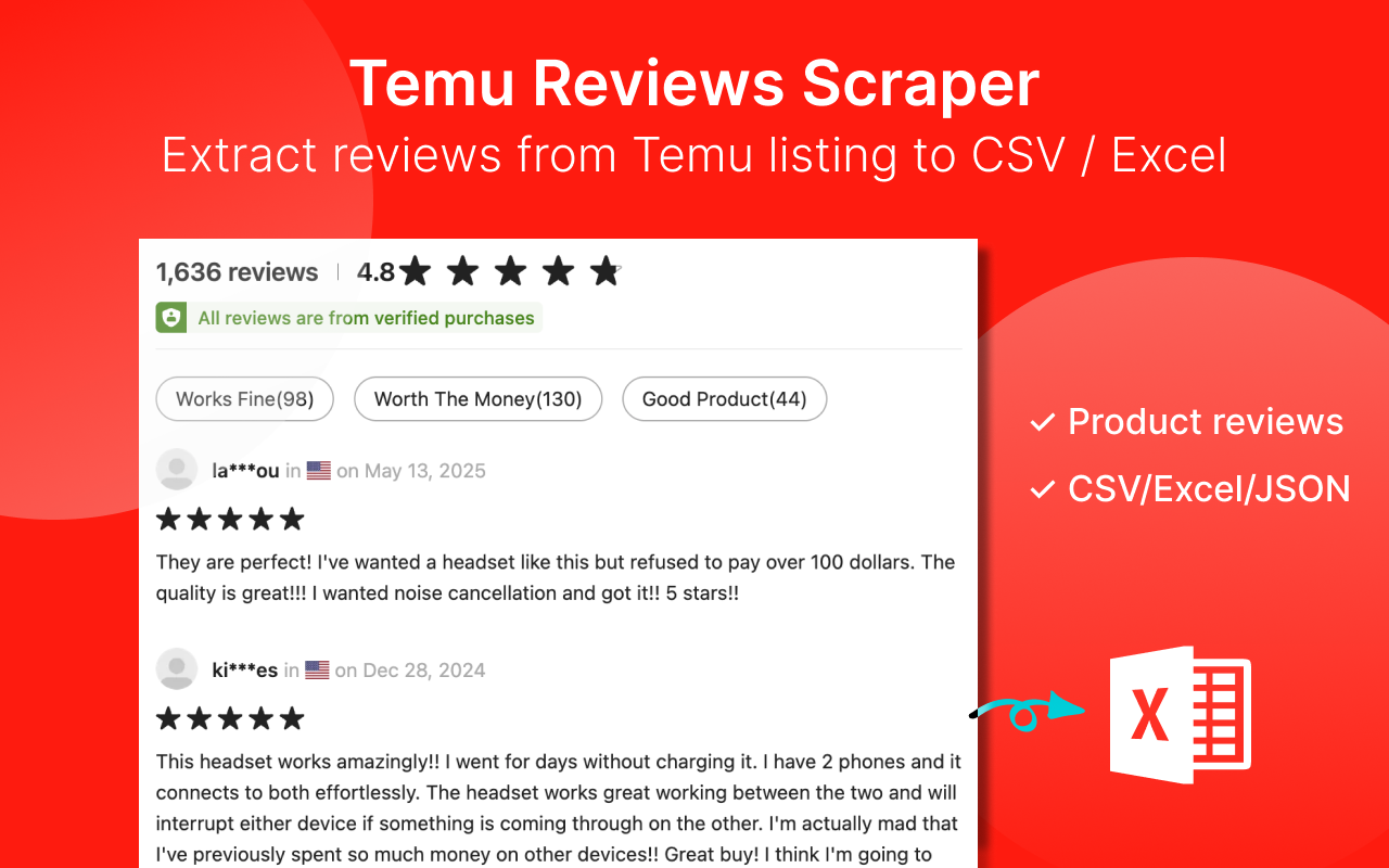 Temu 评论抓取工具 - 将 Temu 评论提取为 CSV/Excel/JSON 文件 - 截图 3