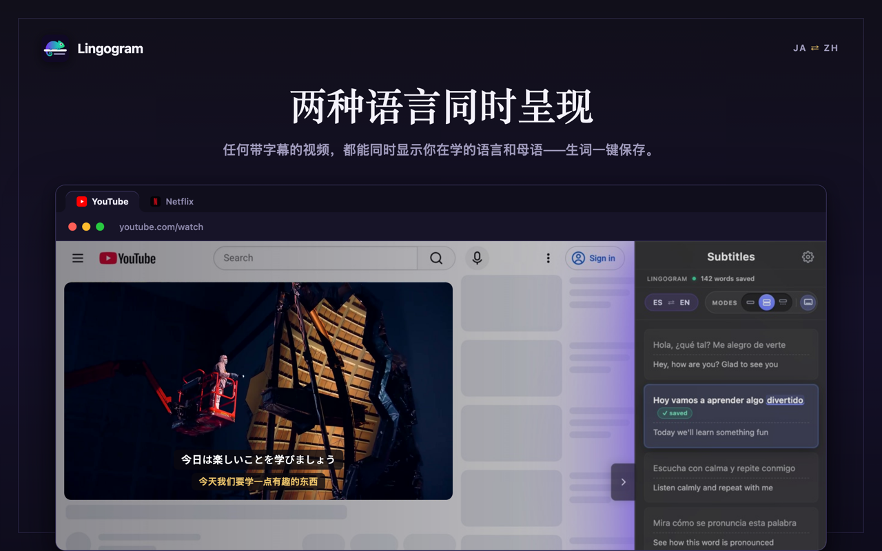 Dual Subtitles — Lingogram:在 YouTube 和 Netflix 上学语言 - 截图 1