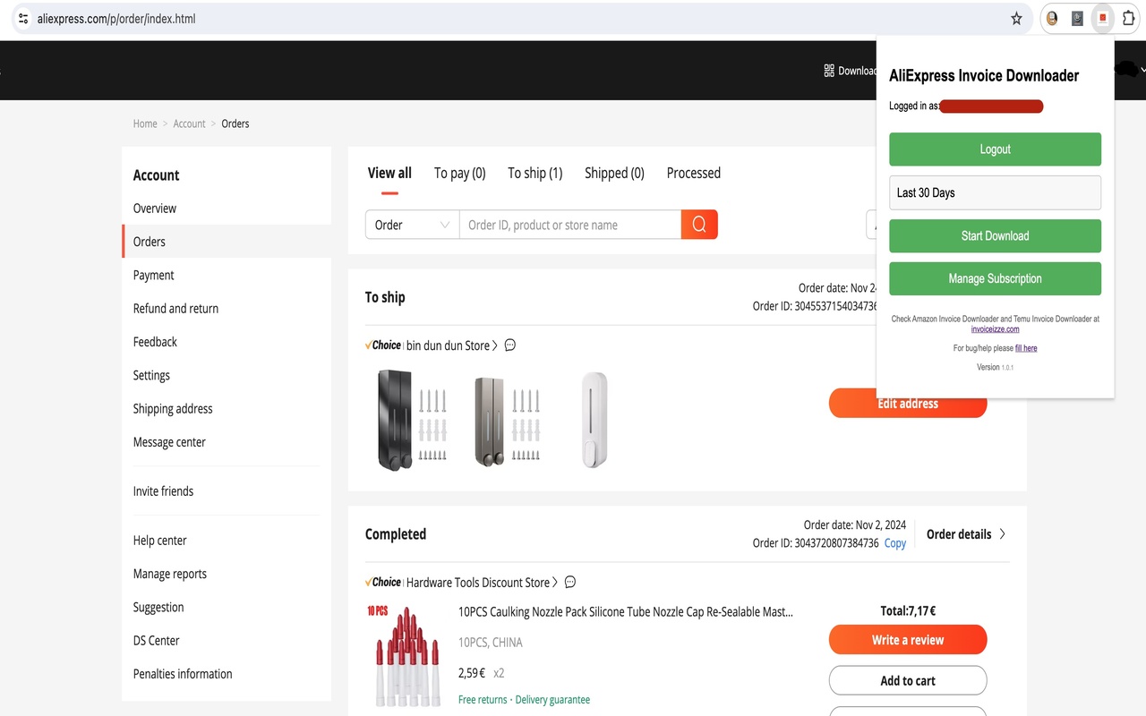 AliExpress Invoice Downloader - 截图 1