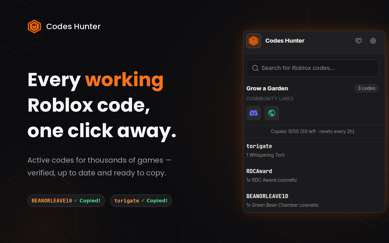 Codes Hunter — Free Roblox Codes, Instantly - 截图 1
