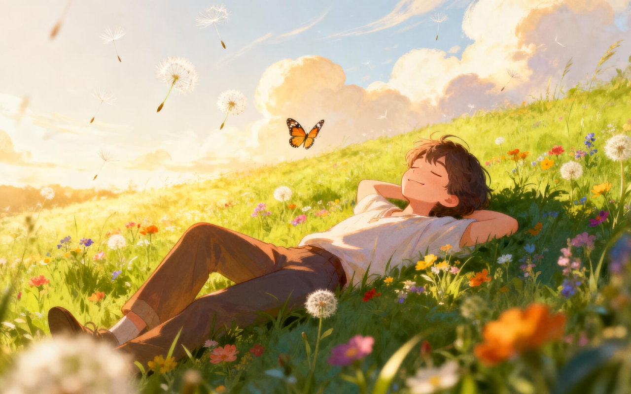 Anime Boy Meadow Butterfly Wildflower Lve Wallpaper - 截图 3