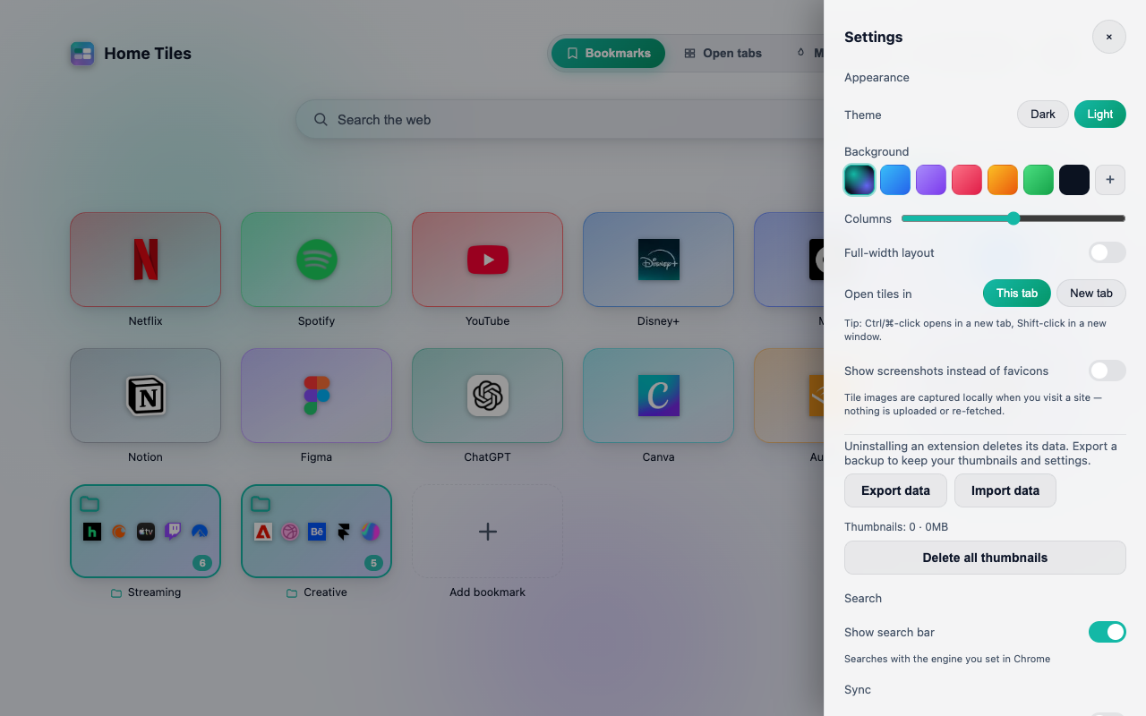 Home Tiles — 新标签页、快速拨号、可视化书签和打开的标签页 - 截图 2