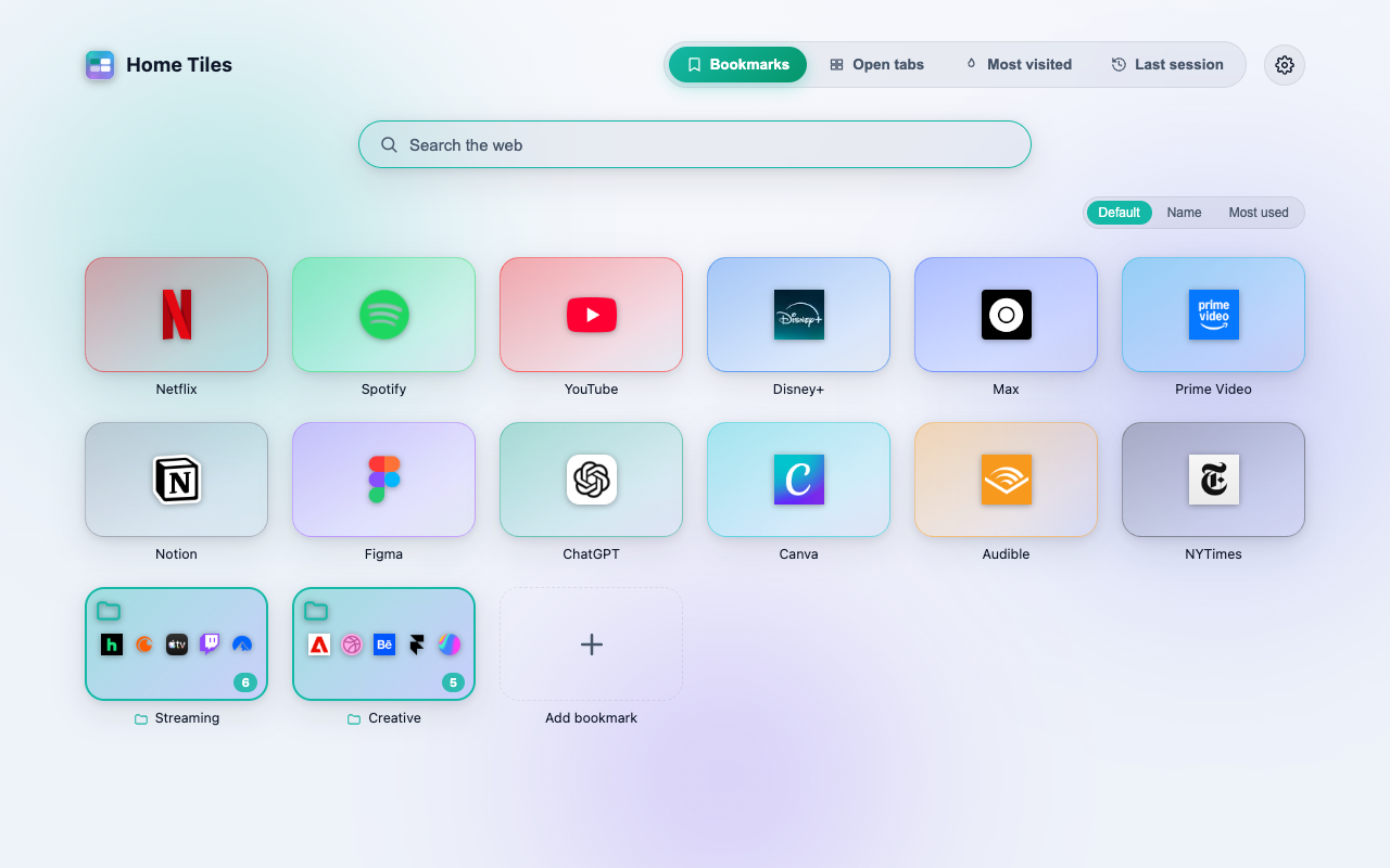 Home Tiles — 新标签页、快速拨号、可视化书签和打开的标签页 - 截图 3