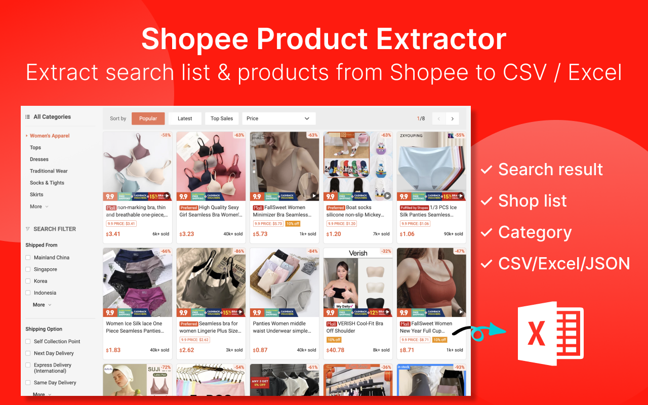 Shopee 虾皮提取器 - 将 Shopee 产品导出为 CSV/Excel/JSON - 截图 3