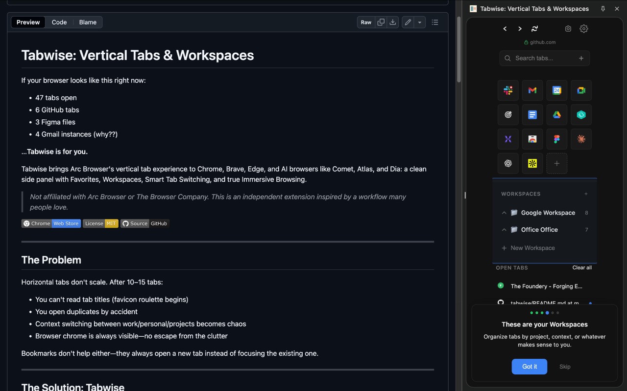 Tabwise: Vertical Tabs & Workspaces - 截图 1