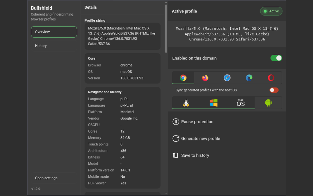 Bullshield - User-Agent & Fingerprint Spoofer - 截图 1