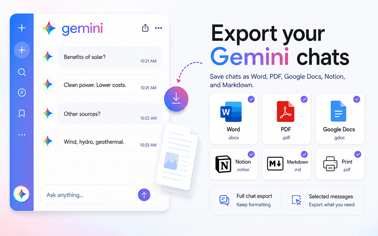 Gemini 聊天导出器:保存为 PDF、Word、Docs、Notion - 截图 3