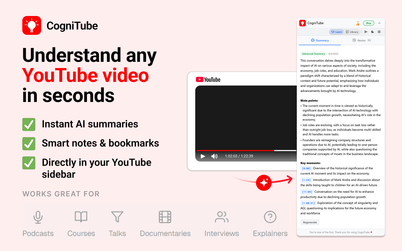 CogniTube: AI YouTube Summaries, Notes & Bookmarks - 截图 5