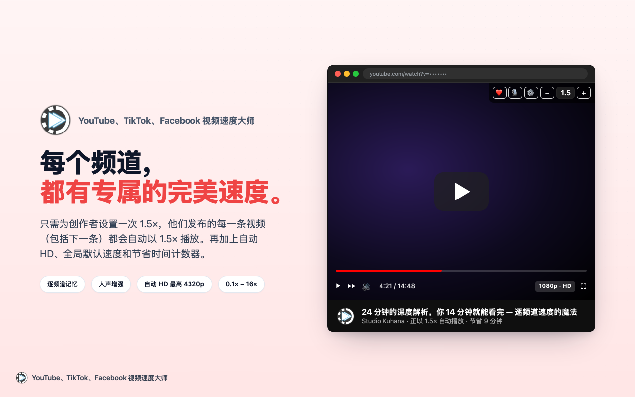 YouTube、TikTok、Facebook 视频速度大师 - 截图 4