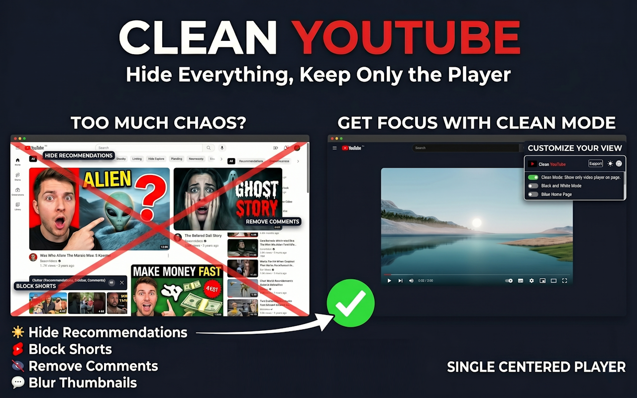 Clean YouTube - 删除短片和相关视频 - 截图 4