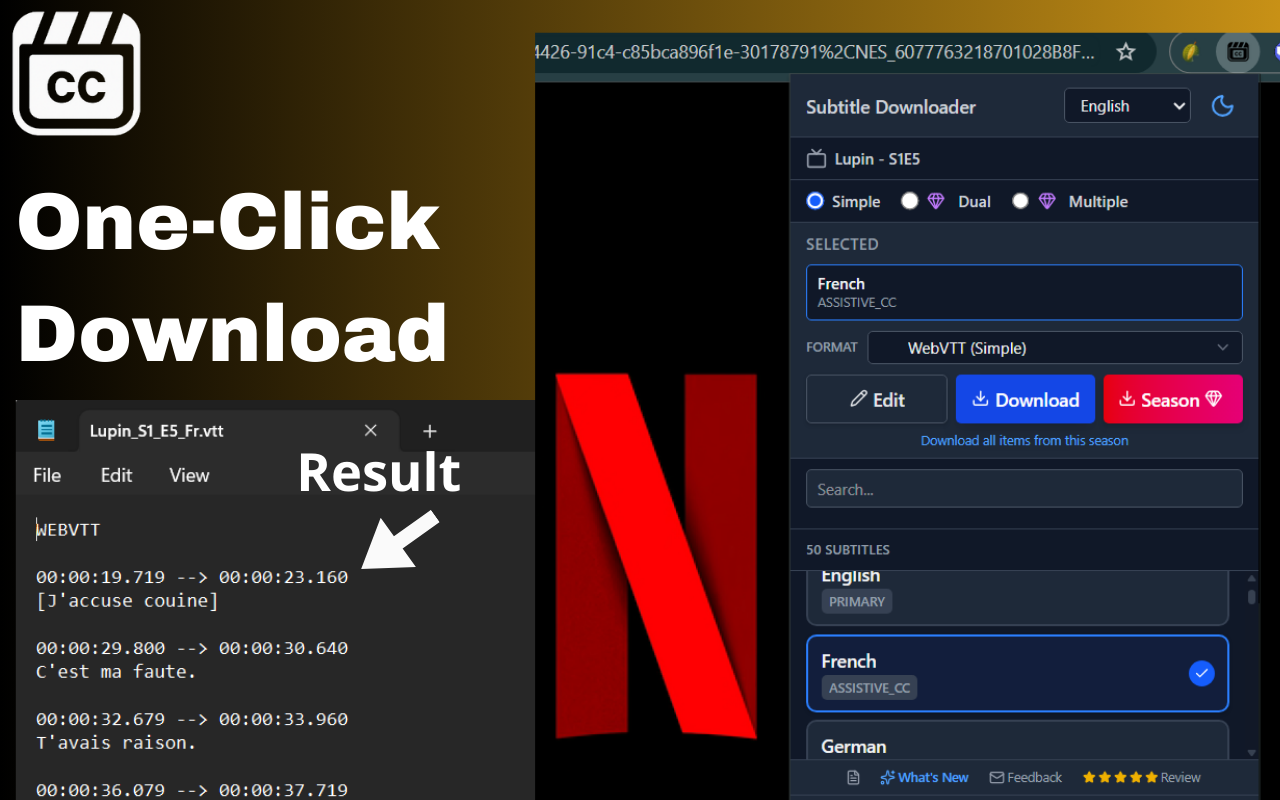 下载字幕: YouTube Netflix Disney+ Max Apple TV & 和任何网站 - 截图 5