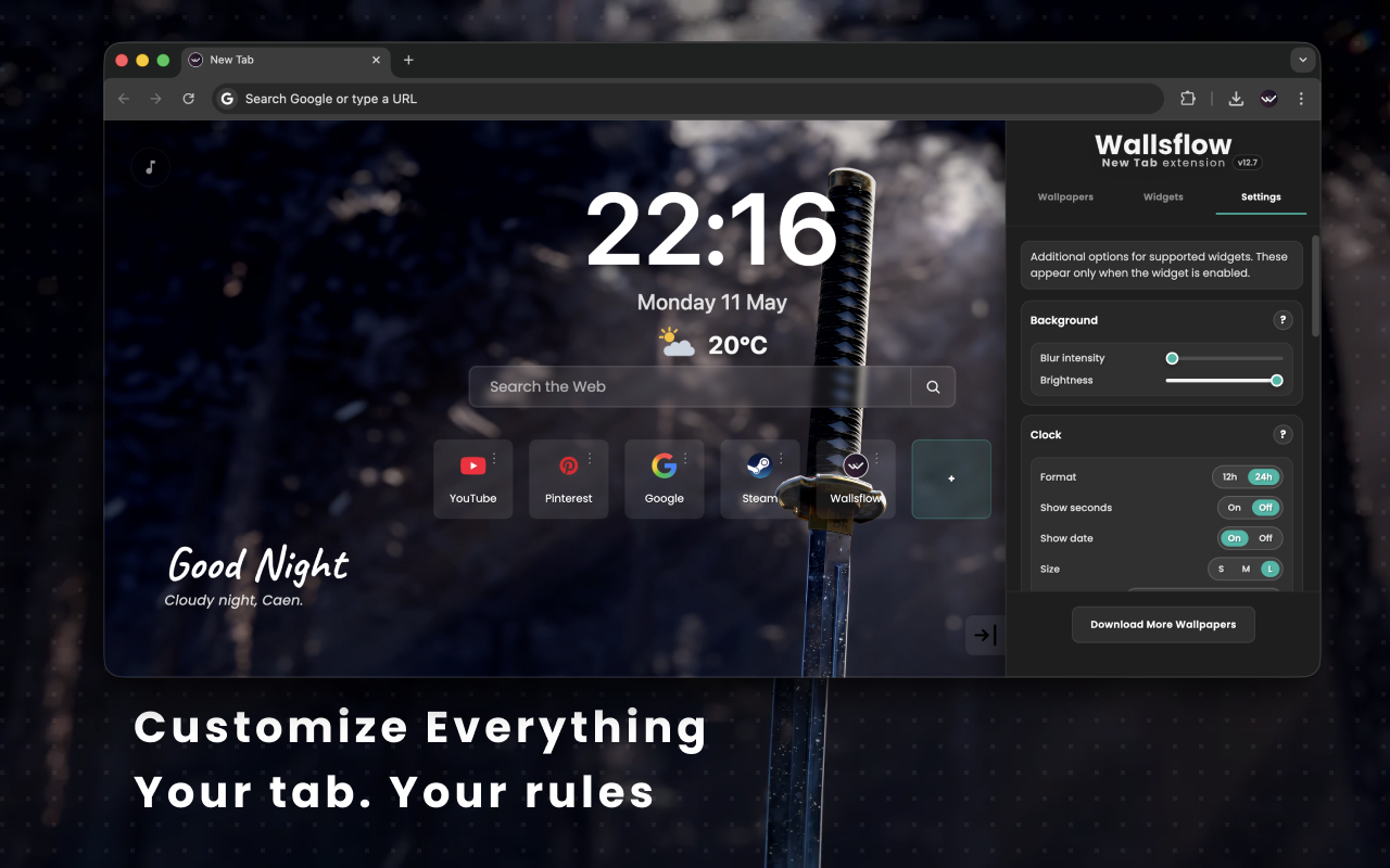 Wallsflow New Tab: Live Wallpapers, Widgets & Focus Music - 截图 1