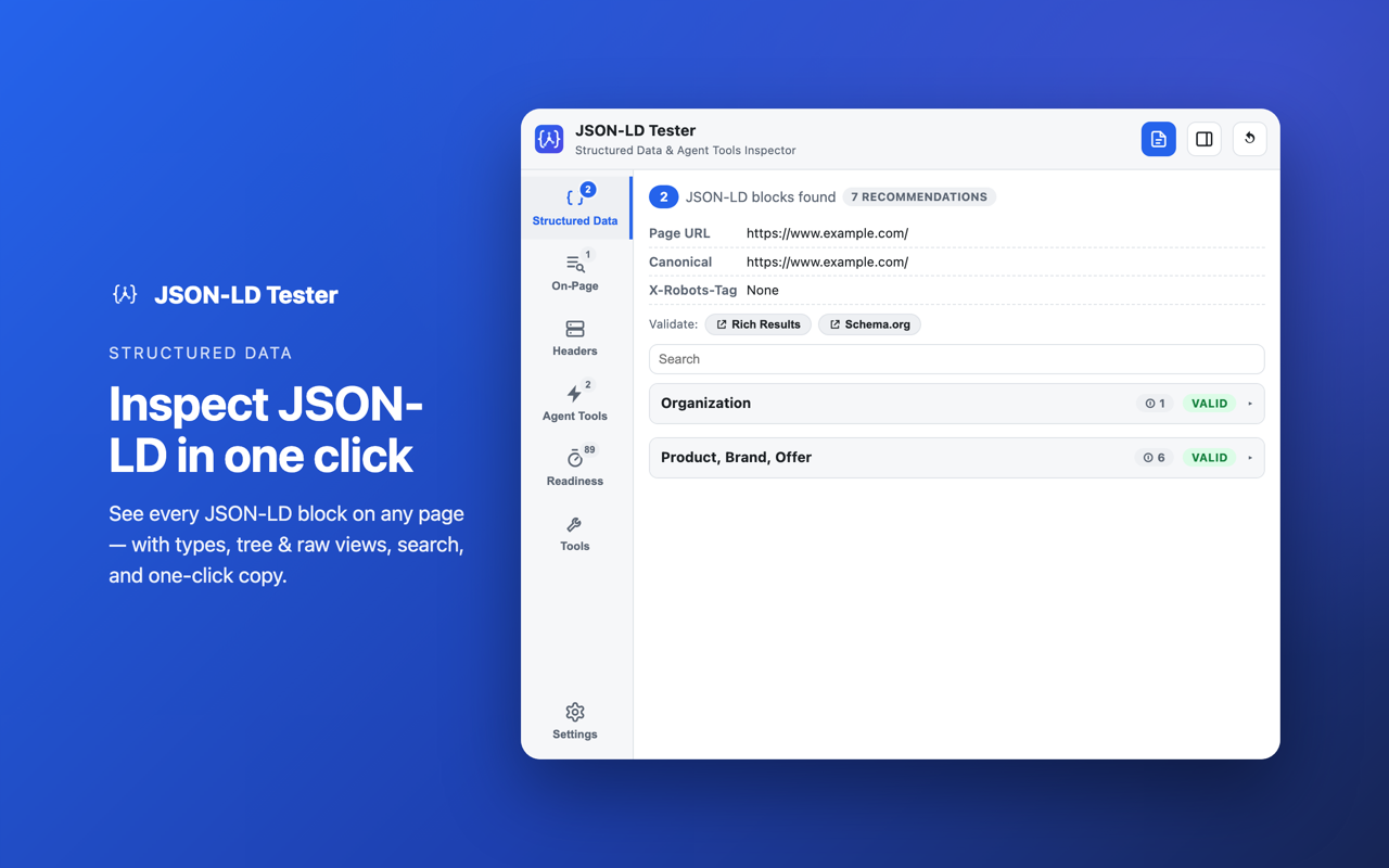 JSON-LD Tester – Structured Data & Agent Tools Inspector - 截图 1
