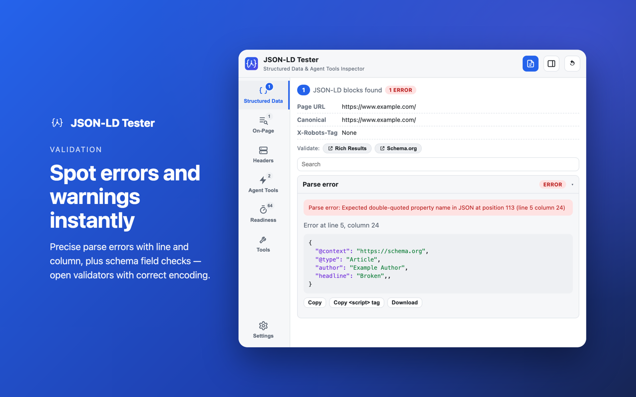 JSON-LD Tester – Structured Data & Agent Tools Inspector - 截图 2