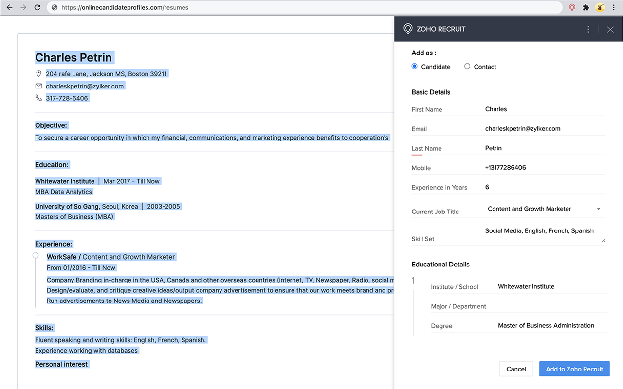 Zoho Recruit's Resume Extractor - 截图 3