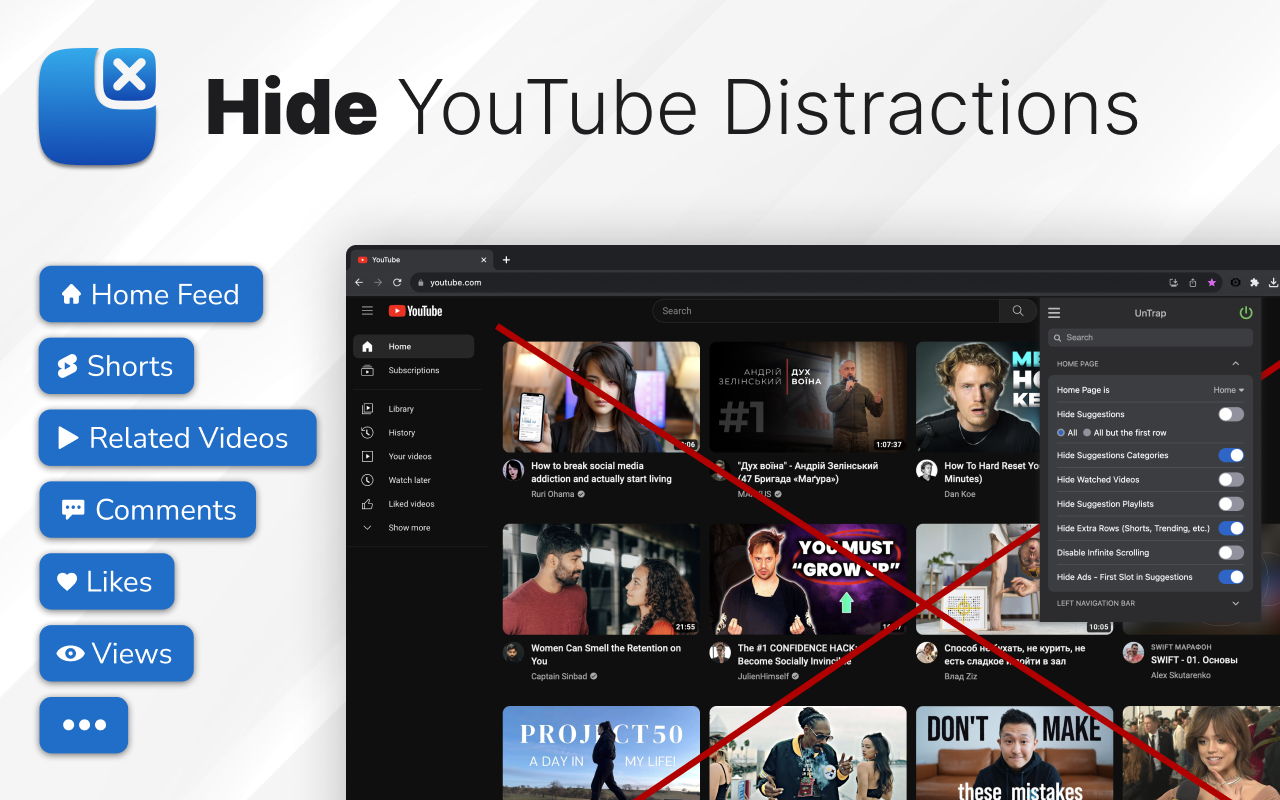 UnTrap for YouTube — Block Shorts, Remove Recommendations, Detox & Focus - 截图 3