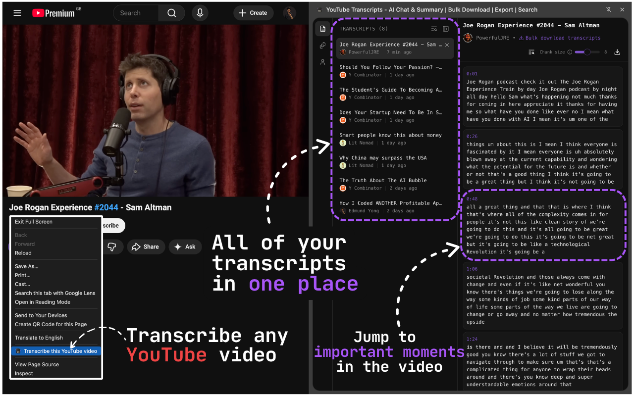 YouTube Transcript Bulk Download, AI Summary & Chat | ChatGPT Claude Gemini - 截图 3