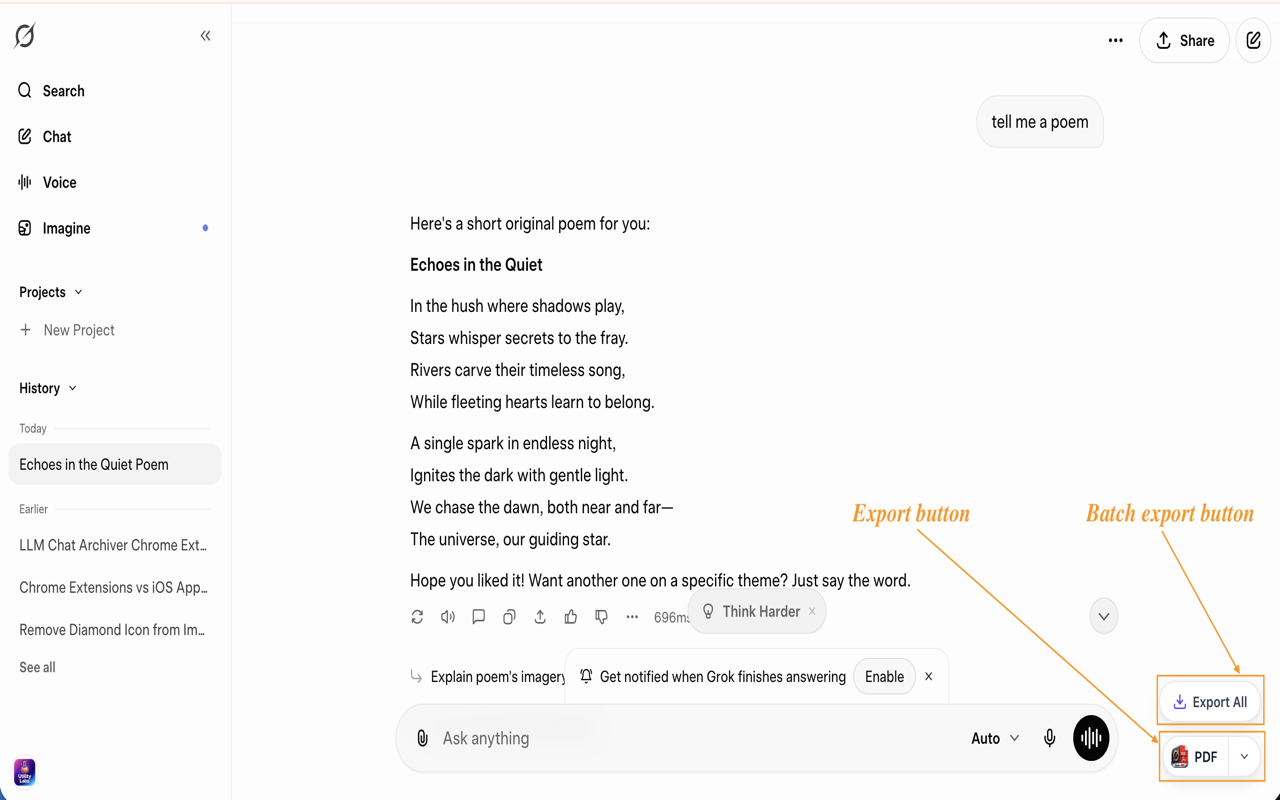 Grok 到 PDF:将 Grok 聊天导出到 PDF、Markdown、JSON - 截图 2