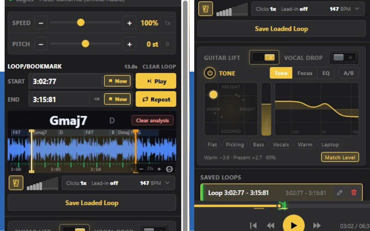 TransposeAny ♯ Change Key ♭ Pitch Shift ▲ Speed ⟳ A-B Loop ♩ Chords - 截图 4