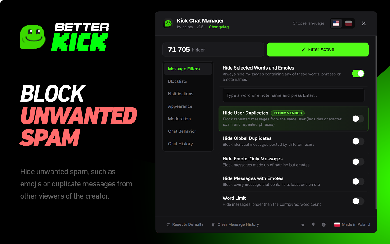 💚 BetterKick: Add-on – Chat History, Notices, Moderator Tweaks, Block Spam - 截图 2