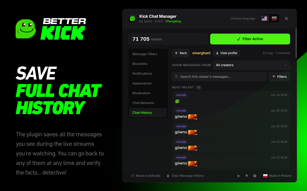 💚 BetterKick: Add-on – Chat History, Notices, Moderator Tweaks, Block Spam - 截图 3