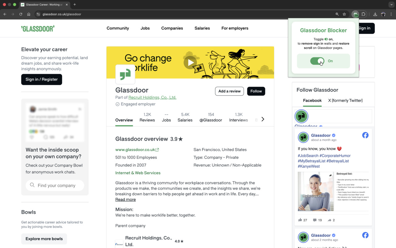 Glassdoor Sign In Blocker - 截图 1
