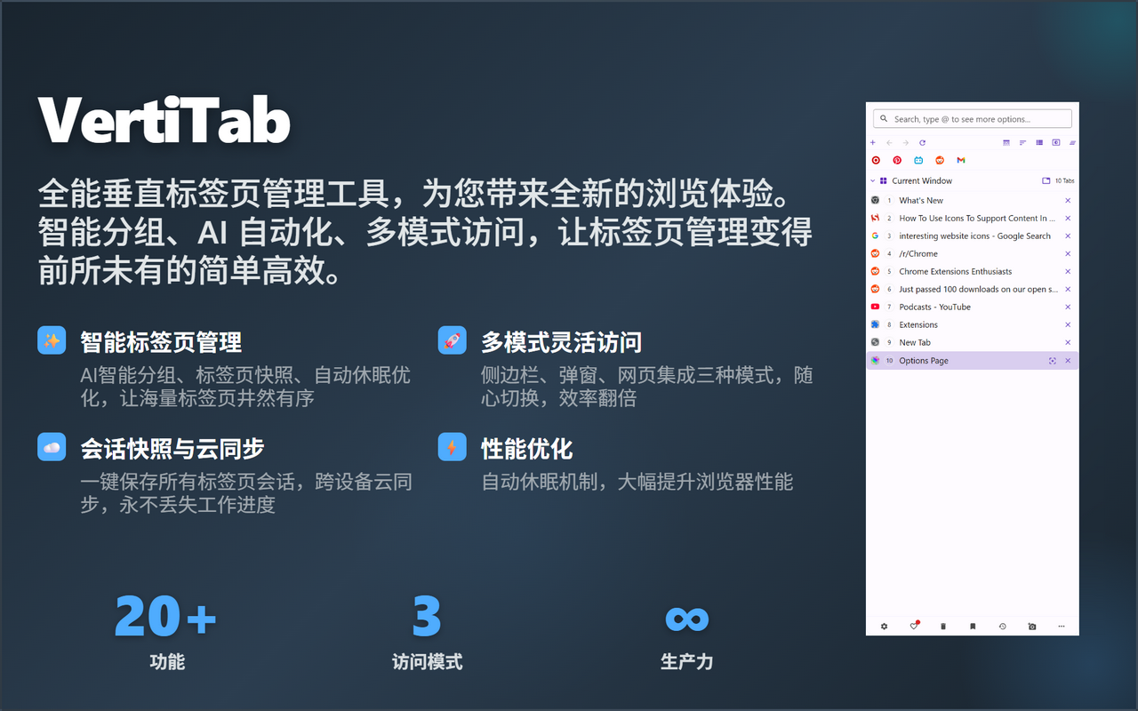 VertiTab – 垂直标签页管理器 | 会话保存 · AI分组 · 书签同步 - 截图 2