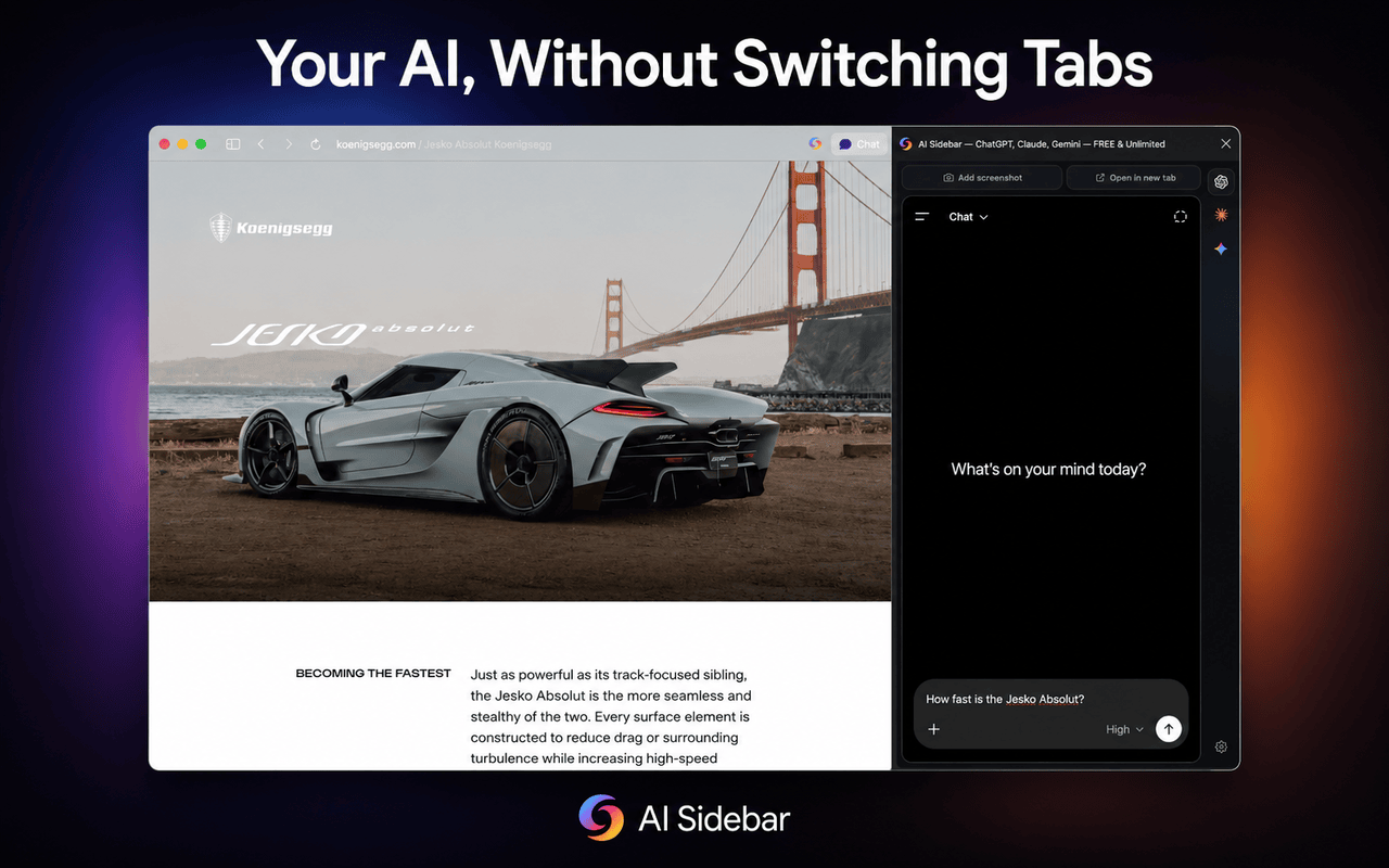 AI Sidebar — ChatGPT、Claude、Gemini — 免费无限 - 截图 1