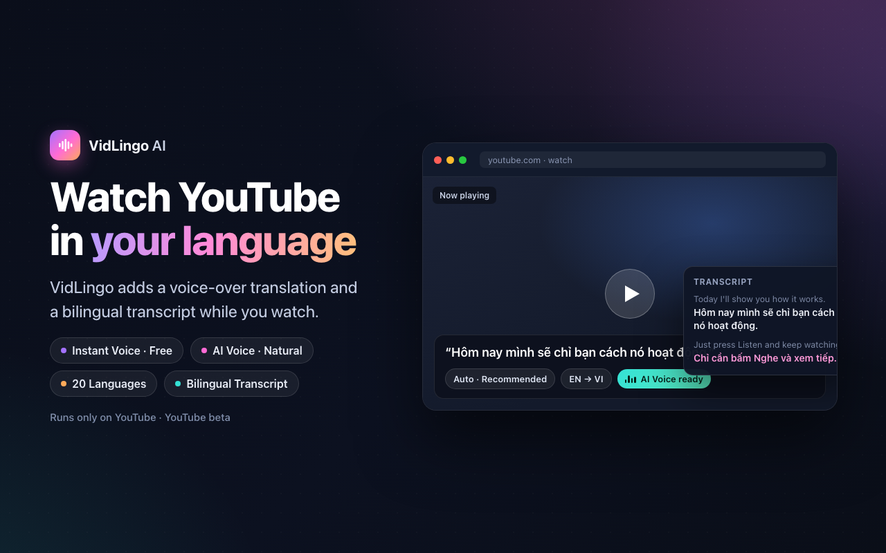 VidLingo AI - YouTube Translator & Voice Dubbing - 截图 3