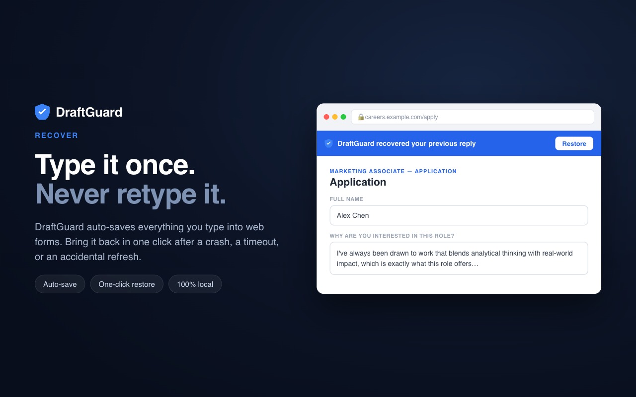 DraftGuard: Form Saver, Crash Recovery & AI Answers in Your Voice - 截图 2