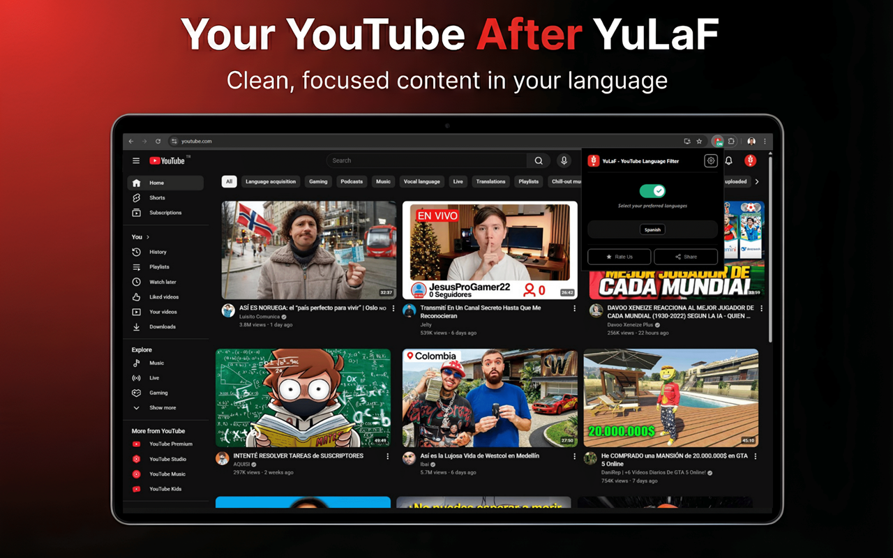 YuLaF – YouTube 语言过滤器。沉浸与专注 - 截图 2