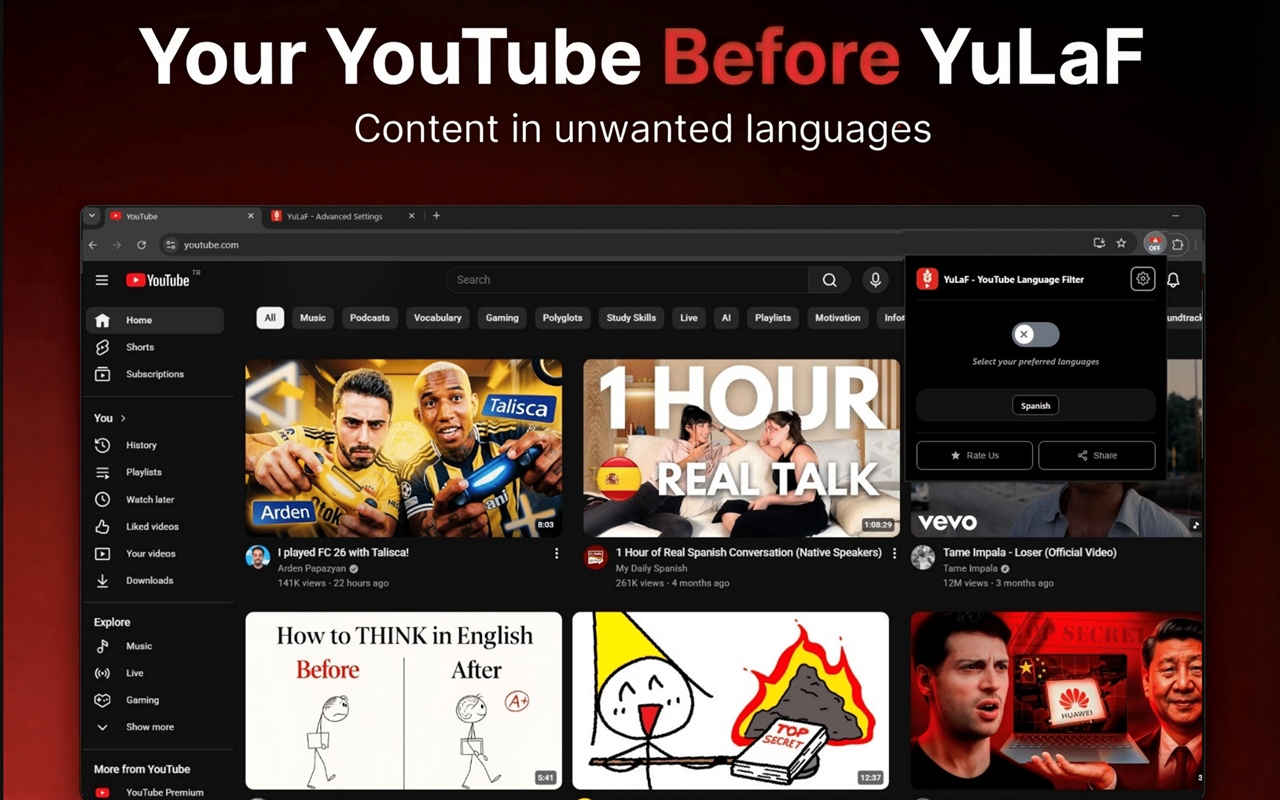 YuLaF – YouTube 语言过滤器。沉浸与专注 - 截图 3