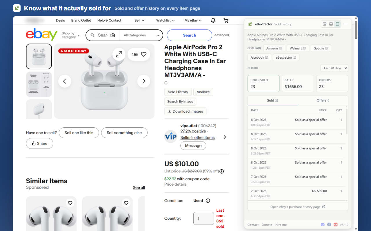 ebay Sold History, Offer History - Average High Mid Low Price - eBextractor - 截图 4