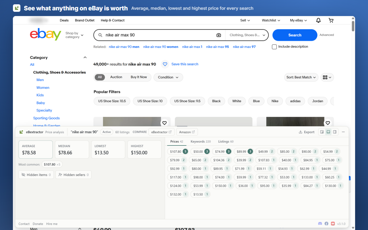 ebay Sold History, Offer History - Average High Mid Low Price - eBextractor - 截图 5