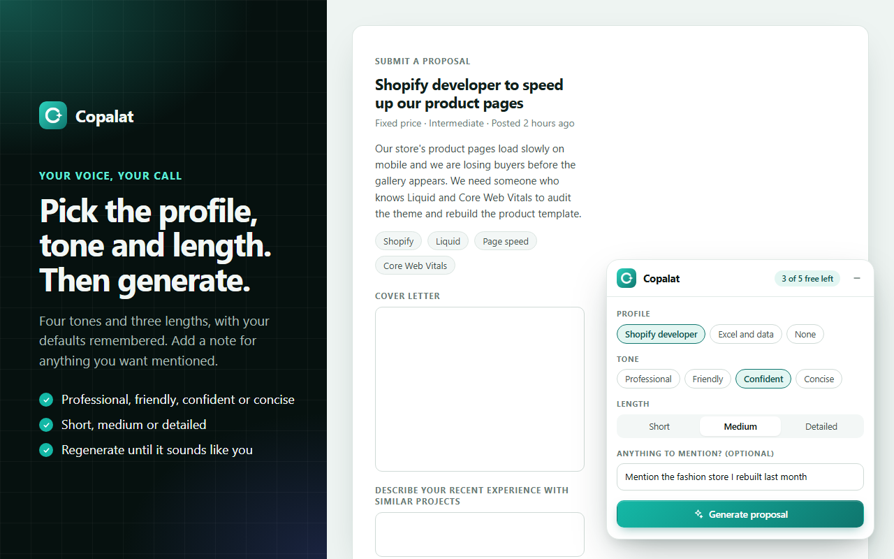 Copalat:Upwork 提案与求职信 AI 生成器 - 截图 5