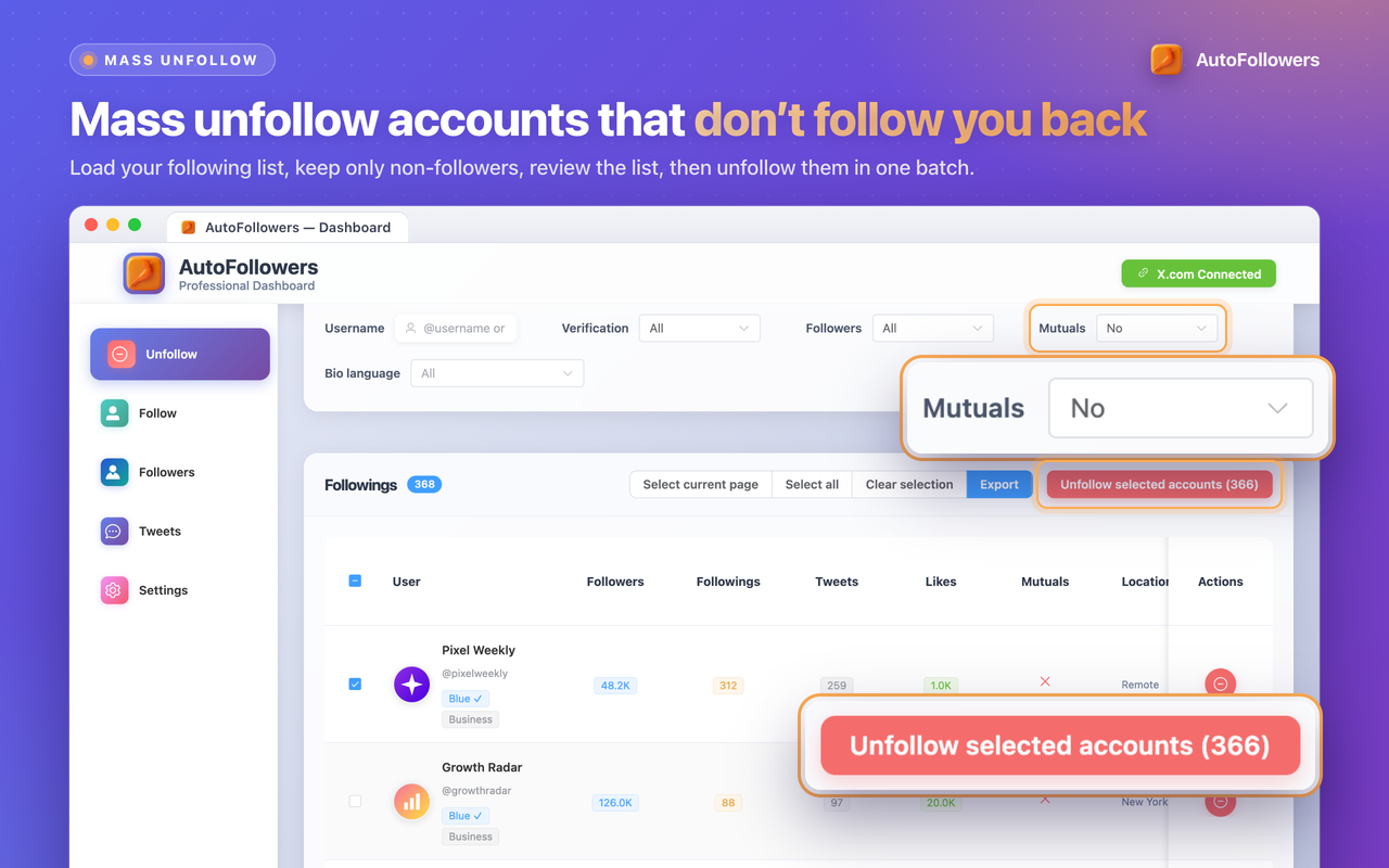 AutoFollowers - Twitter/X 批量取关与关注 - 截图 1