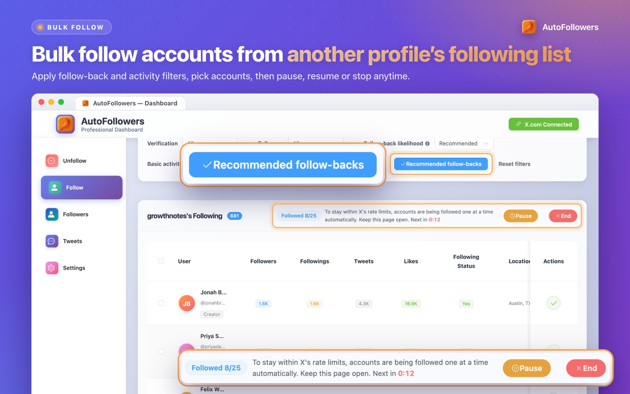 AutoFollowers - Twitter/X 批量取关与关注 - 截图 2