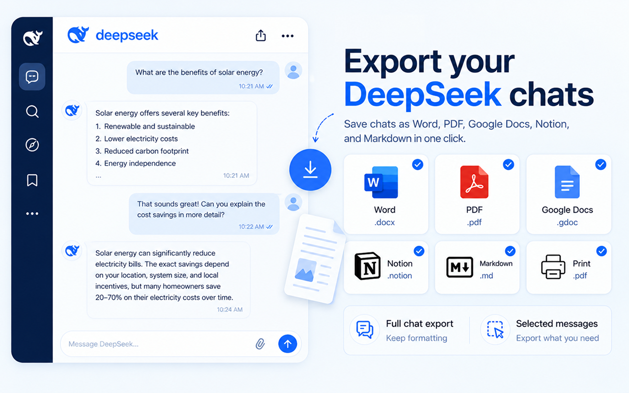 DeepSeek 转 PDF、Word、Google 文档、Notion — 聊天导出器 - 截图 1