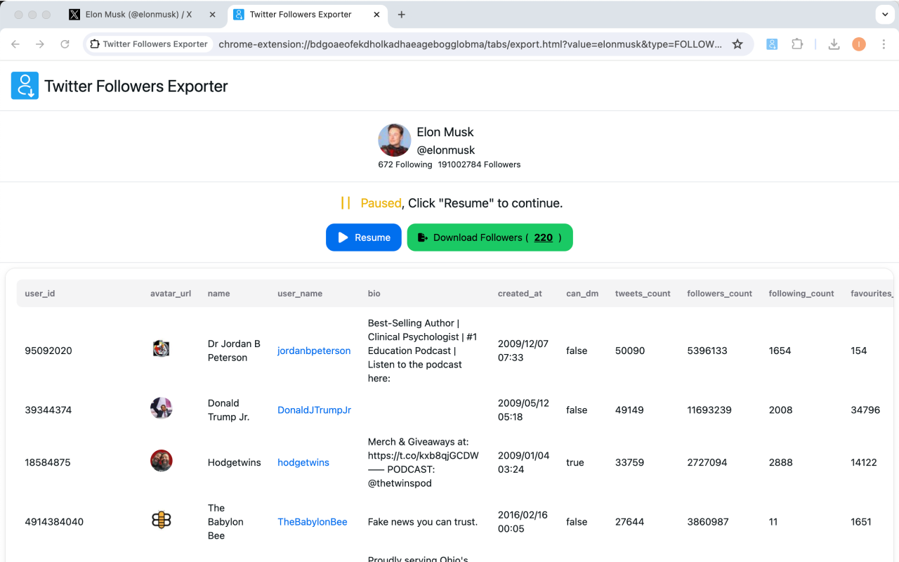 Twitter粉丝导出工具 – 推特X关注者列表CSV下载 - 截图 2