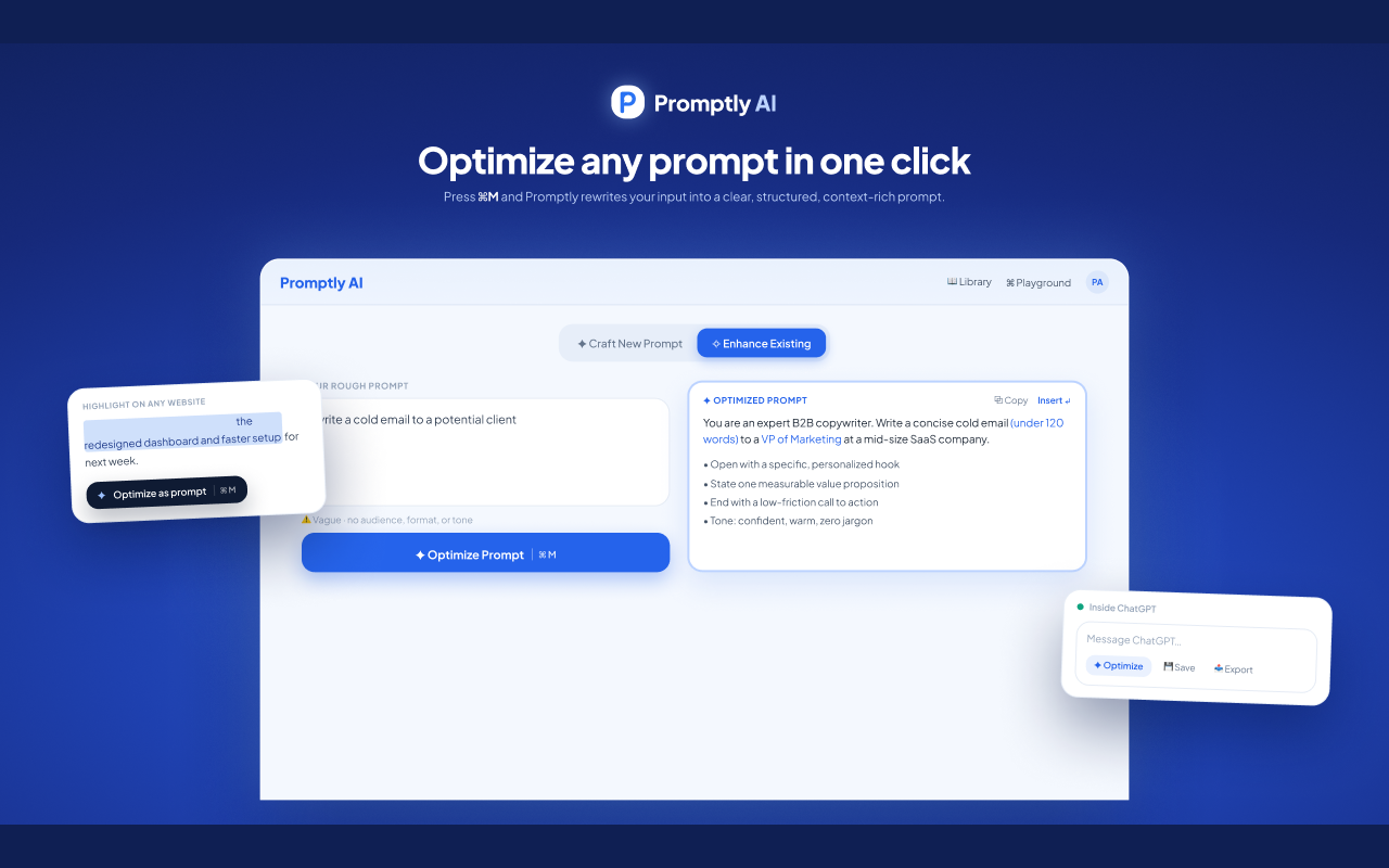 Promptly – AI Prompt Enhancer & Manager for ChatGPT, Claude, Gemini - 截图 2