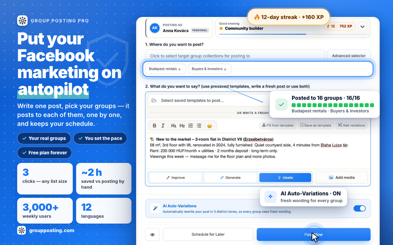 Group Posting PRO: AI Auto Poster | Scheduler | Lead Radar for Facebook™ - 截图 1