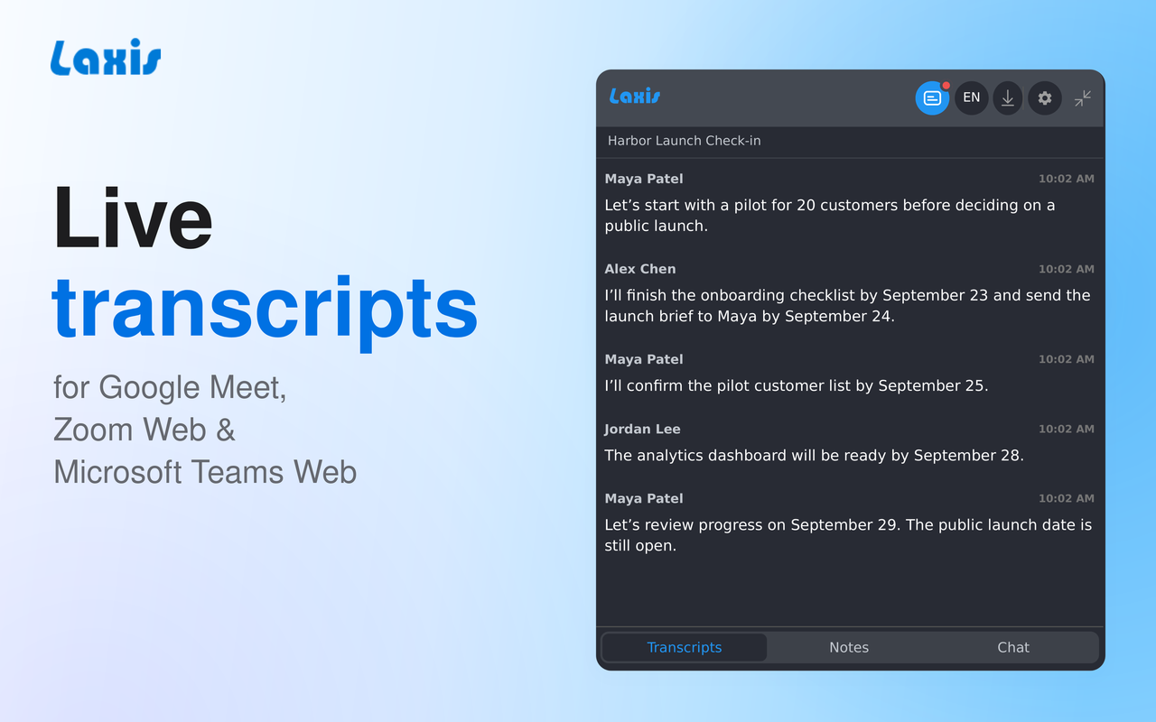 Laxis: AI Note Taker & Live Transcription for Google Meet, Zoom & Teams - 截图 1